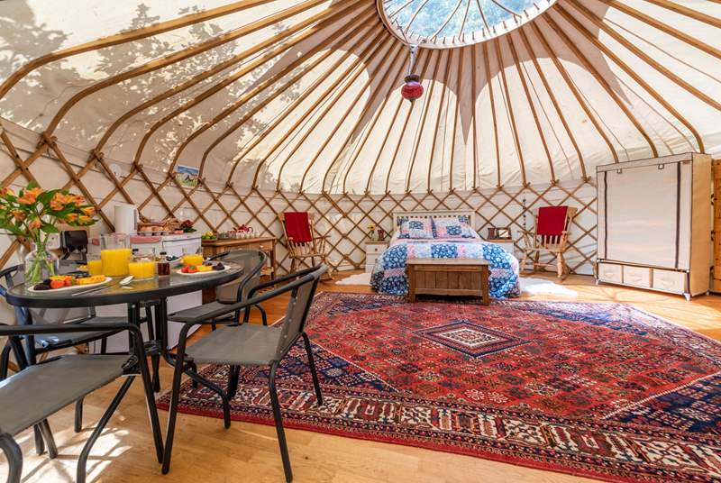 The inside of the main yurt, is super spacious to accommodate up to 5 guests. 
