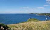 This is the amazing panoramic view to the west along the coast from the top of the hill next to the car park above Polruan. - Thumbnail Image