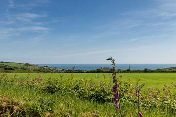 This is your view across the field in front of the huts over to Praa Sands and the sea beyond, when the farmer plants his low level crops.