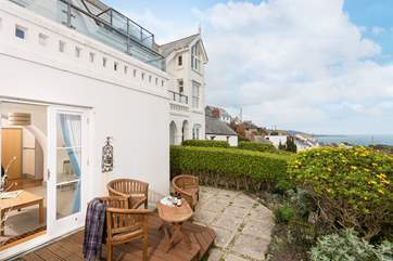 A bird's eye view of the garden terrace which can be a real sun-trap in summer.