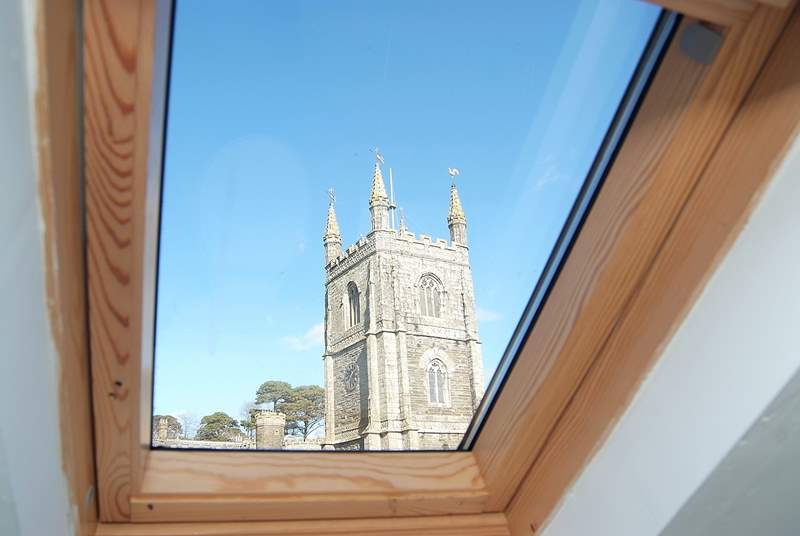 The view of the church from the rooflight in the bathroom.