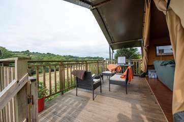 The fabulous view from inside Celandine looking out across the meadow and valley beyond.