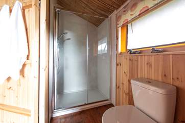 The en suite double-size shower with plenty of hot water.