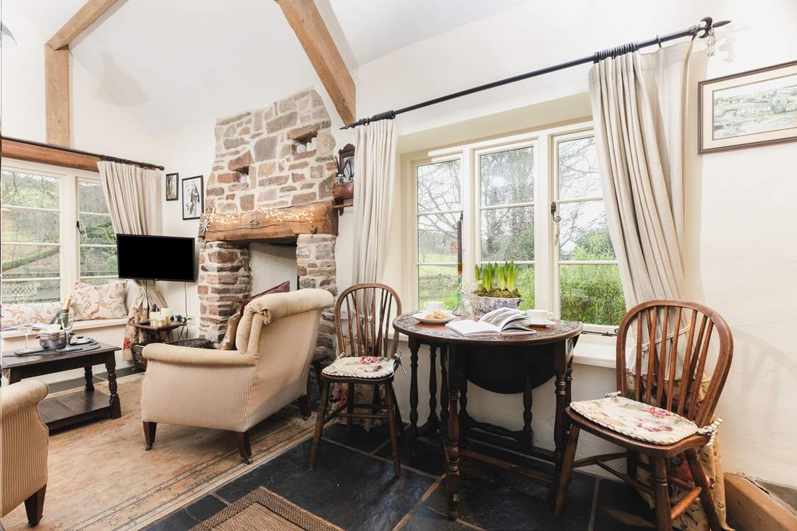 Dining for two with a garden view.