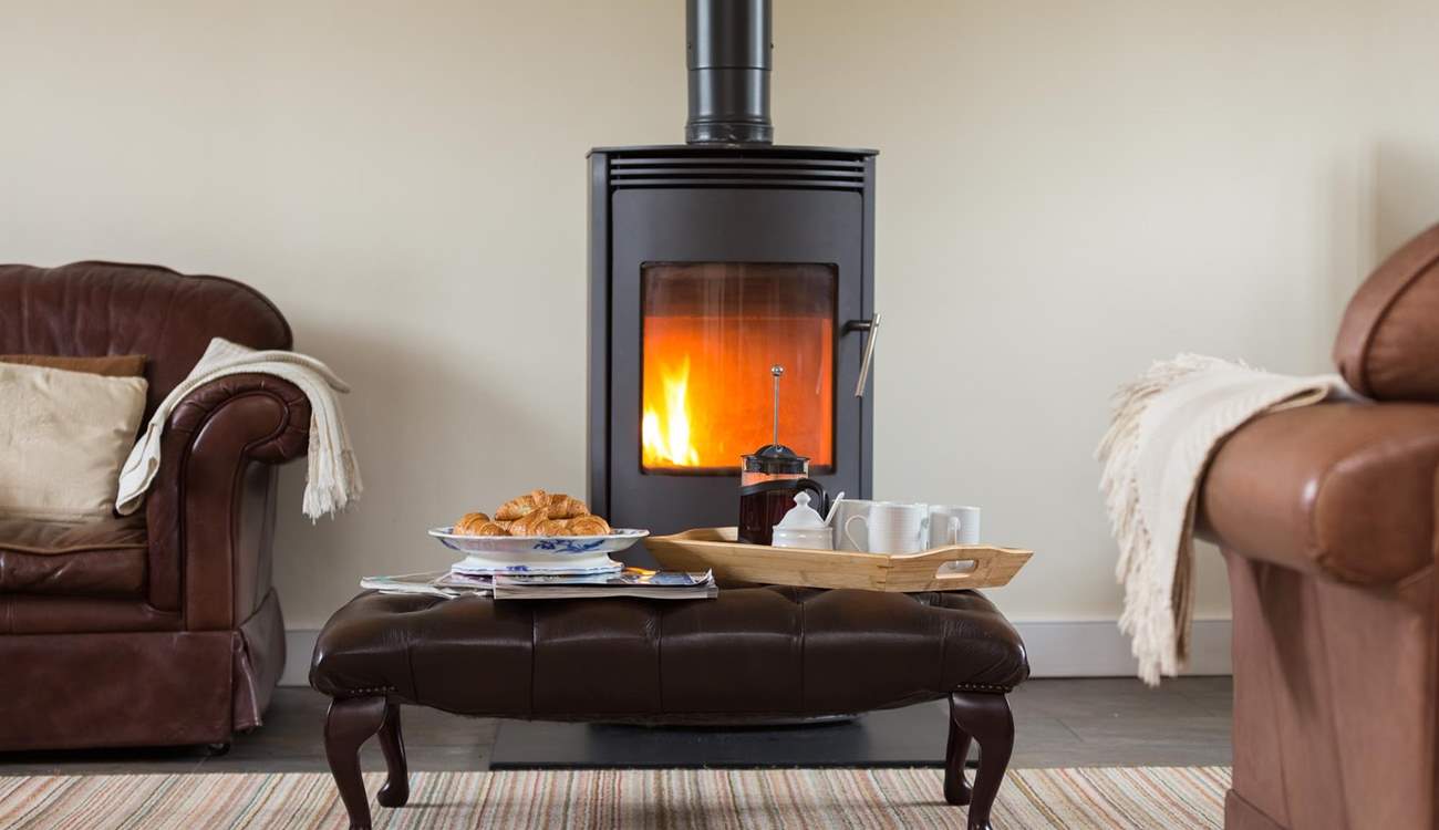 Morning coffee by the fire.