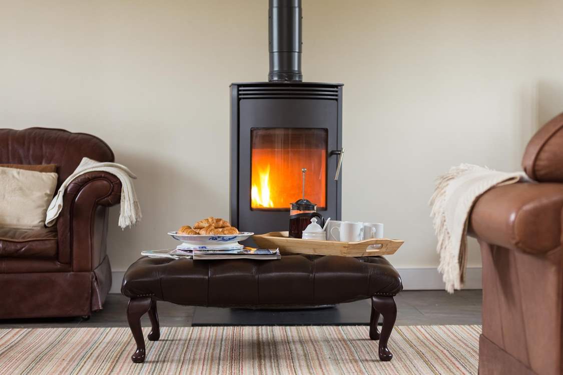 Morning coffee by the fire.