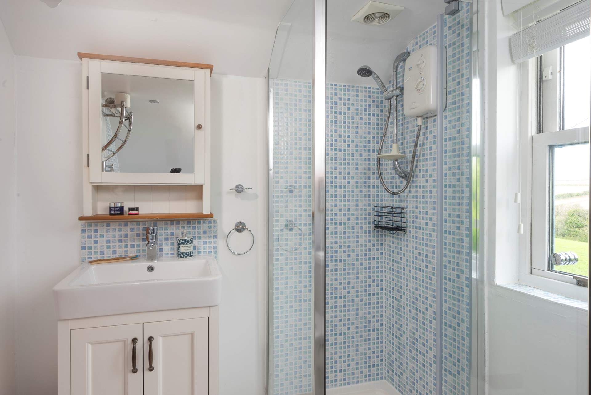 The separate shower in the en suite bathroom, cleverly fitted under the sloping ceiling.