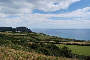 This is a view of Golden Cap, an iconic Dorset landmark, towering above the Jurassic Coast.