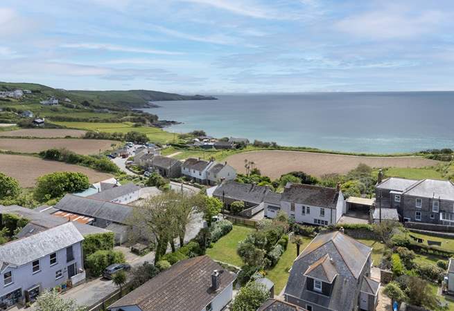 An aerial view of Perranuthnoe, The Summer House is the centre property at the bottom of the picture. Follow the lane to the beautiful sandy beach for an excellent cafe and lunch by the waves.