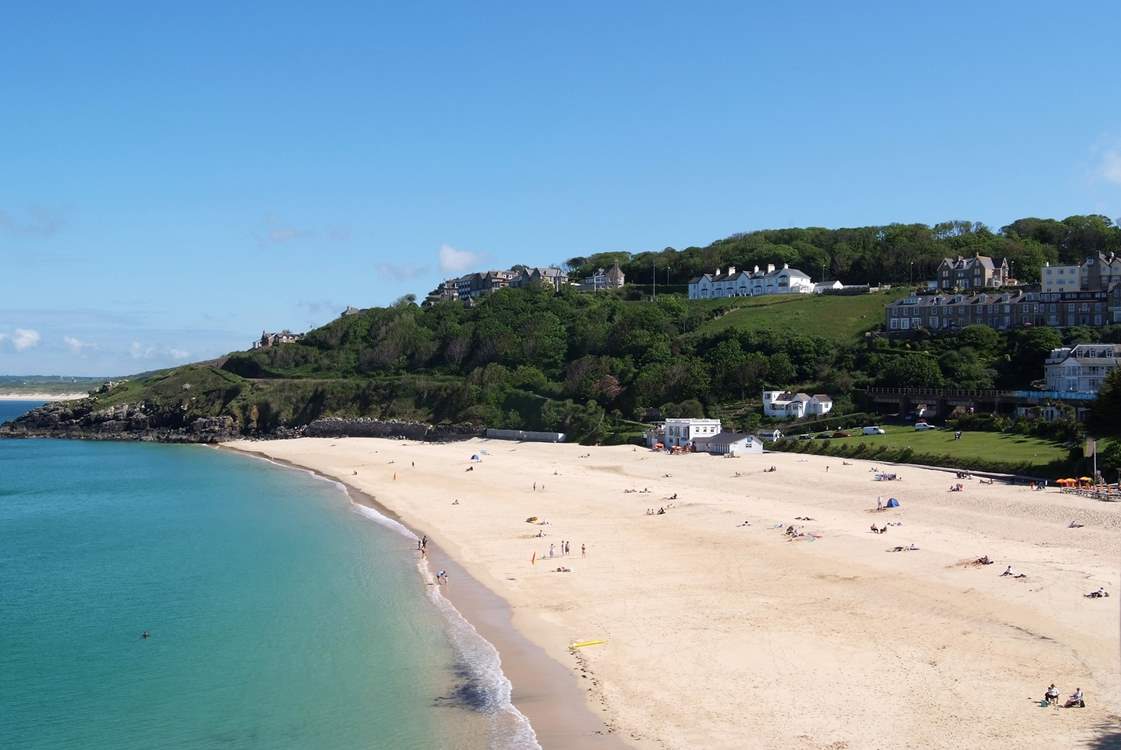 The lovely golden sands and turquoise waters of  Porthminster beach.