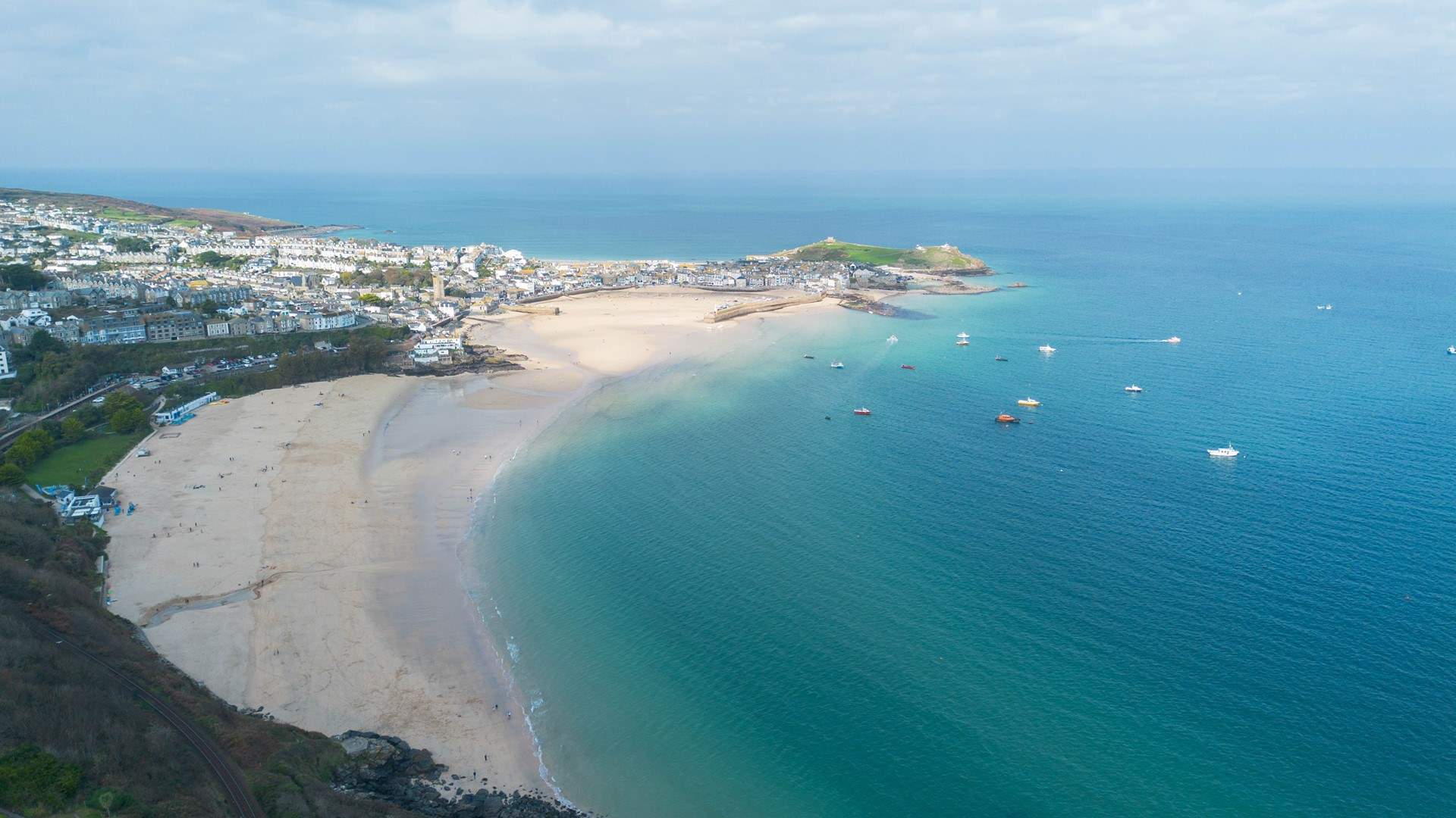 The view of Porthminster beach and St Ives harbour from the air.