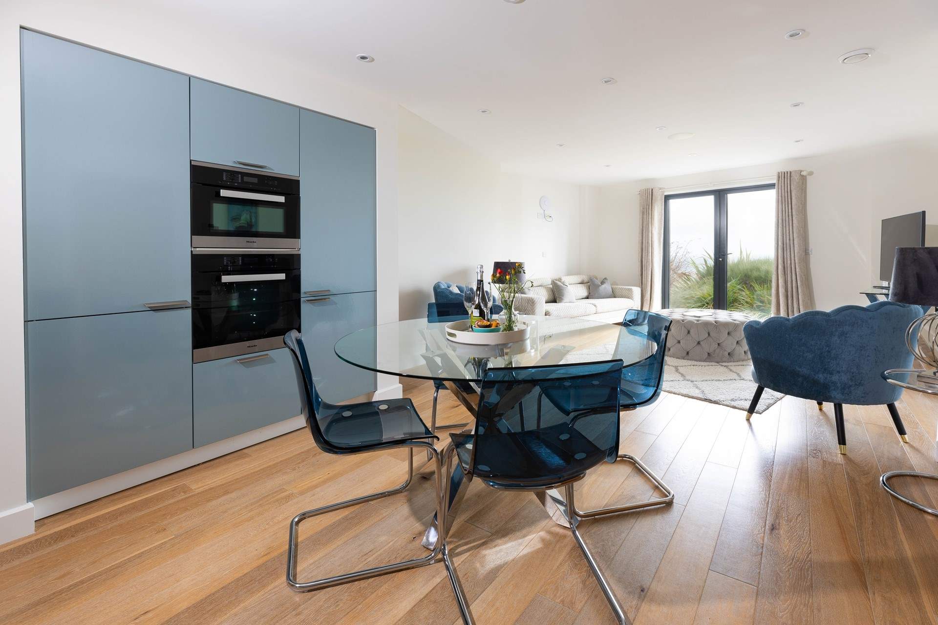 Contemporary furnishings in the open plan living area.