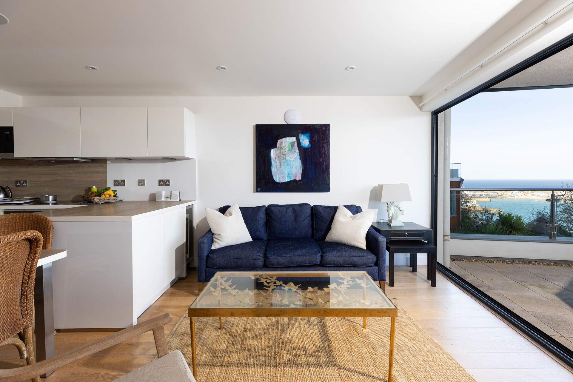 A beautifully designed open plan living area with breathtaking views of St Ives.