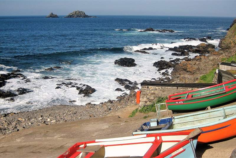 Colourful fishing boats in the cove at Cape Cornwall.