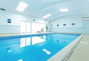 The fabulous shared indoor swimming pool is heated to 32 degrees and is available on a bookable basis, with colour-changing lights for evening swims.