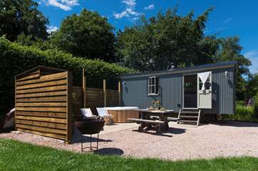 Your own private hot tub, fire-pit and beautifully equipped Shepherd's Hut awaits.