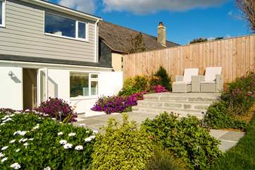 One of the wonderful sitting-areas in the south-facing garden.