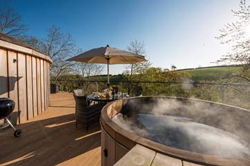 The fabulous cedar wood-fired hot tub.