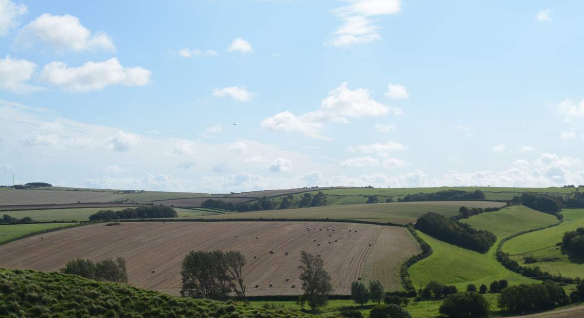 Rural Dorset from Maiden Castle, just outside of Dorchester, one of the largest Iron Age hill forts in Europe.