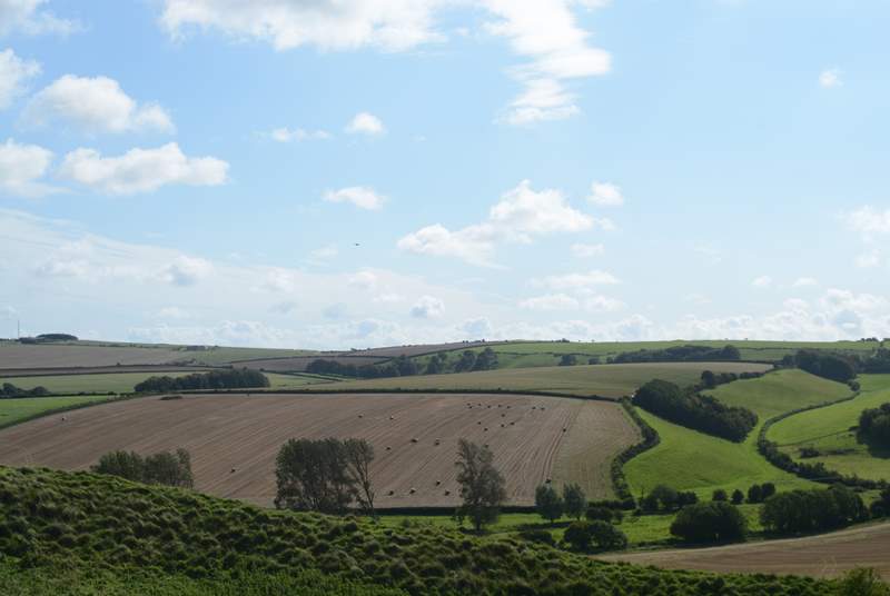 Rural Dorset from Maiden Castle, just outside of Dorchester, one of the largest Iron Age hill forts in Europe.
