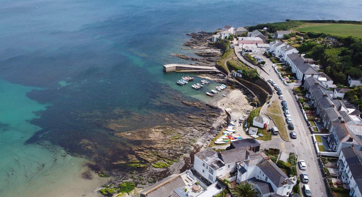 A birds eye view of pretty Portscatho Harbour.