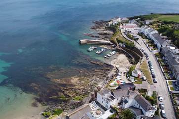 A birds eye view of pretty Portscatho Harbour.