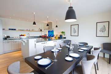 The kitchen and dining areas.