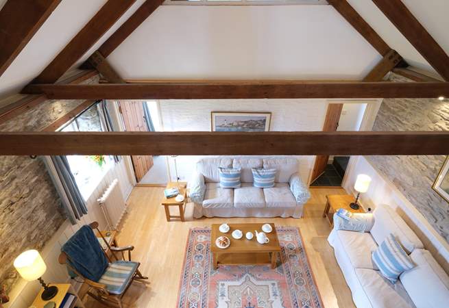 A birds eye view of the sitting room from the mezzanine.