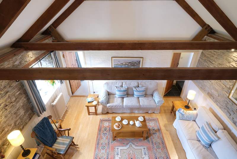 A birds eye view of the sitting room from the mezzanine.