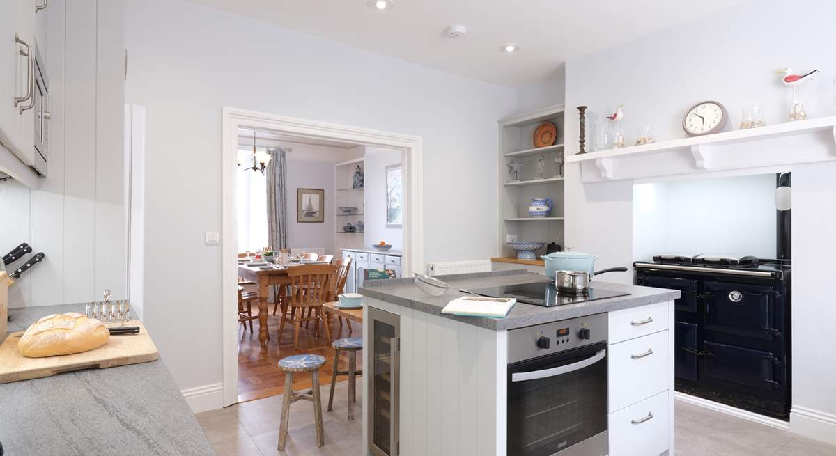 The kitchen area showing the ornamental Rayburn, looking towards the dining-room.