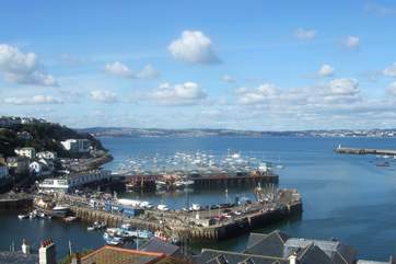 Looking beyond Brixham harbour to the expanse of Torbay. Not the view from the cottage.