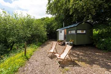 The hut boasts lovely countryside views.