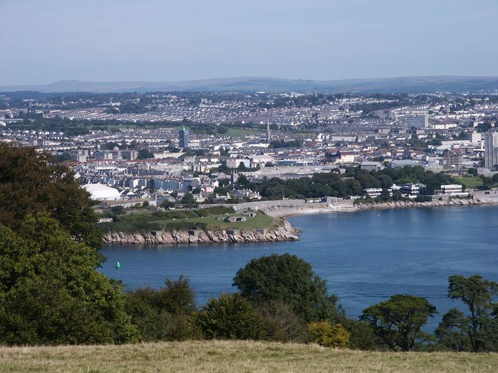 A view from Mount Edgcumbe towards Plymouth.