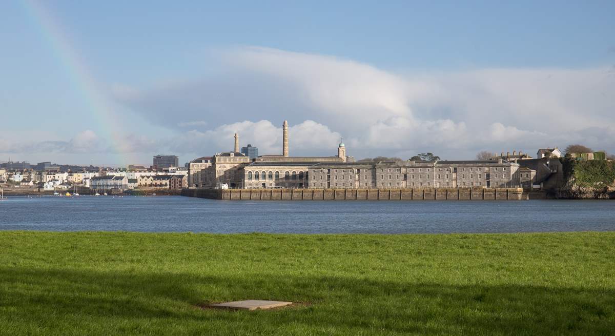 The stunning view from the sitting/dining-room window across the water to The Royal William Yard.