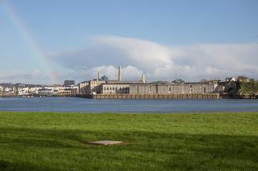 The stunning view from the sitting/dining-room window across the water to The Royal William Yard.