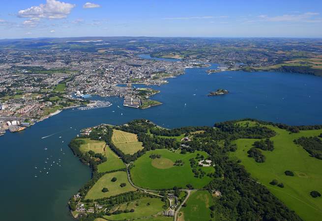 An aerial shot of Mount Edgcumbe Country Park.