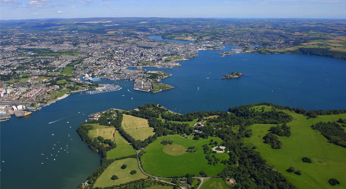 An aerial shot of Mount Edgcumbe Country Park.