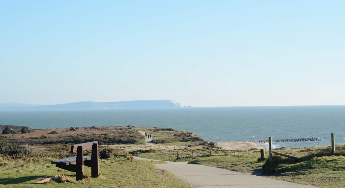 Panoramic views from the top of Hengistbury Head, inland Christchurch Harbour, across to the Isle Of Wight shown here, to the right Bournemouth Bay and the beginning of the Jurassic Coast.