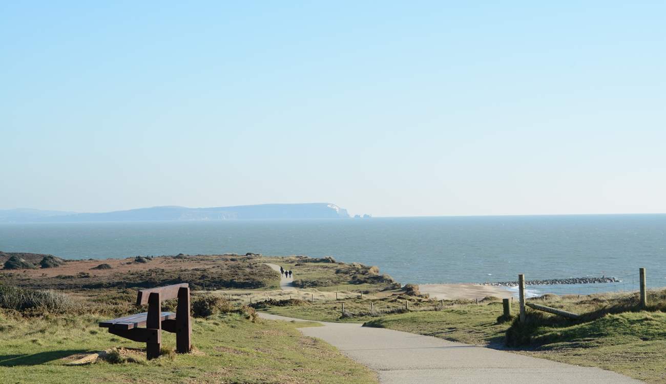 Panoramic views from the top of Hengistbury Head, inland Christchurch Harbour, across to the Isle Of Wight shown here, to the right Bournemouth Bay and the beginning of the Jurassic Coast.