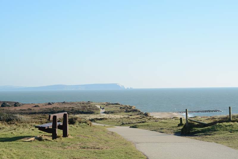 Panoramic views from the top of Hengistbury Head, inland Christchurch Harbour, across to the Isle Of Wight shown here, to the right Bournemouth Bay and the beginning of the Jurassic Coast.