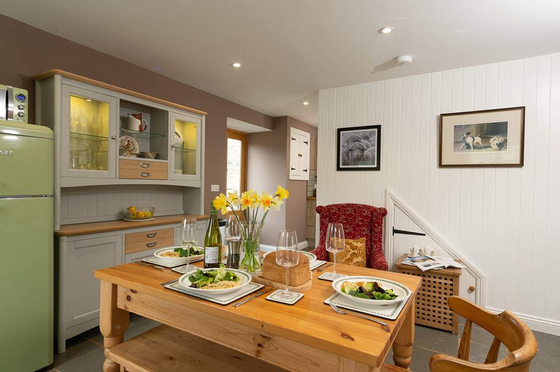 The working part of the kitchen is just around the corner on the other side of the door to the terrace.