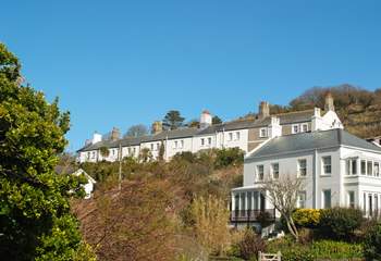 Looking up at Coastguard Terrace from the village (No 9 is on the far left).