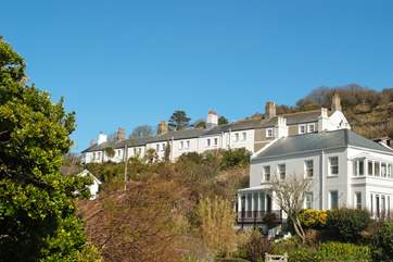 Looking up at Coastguard Terrace from the village (No 9 is on the far left).