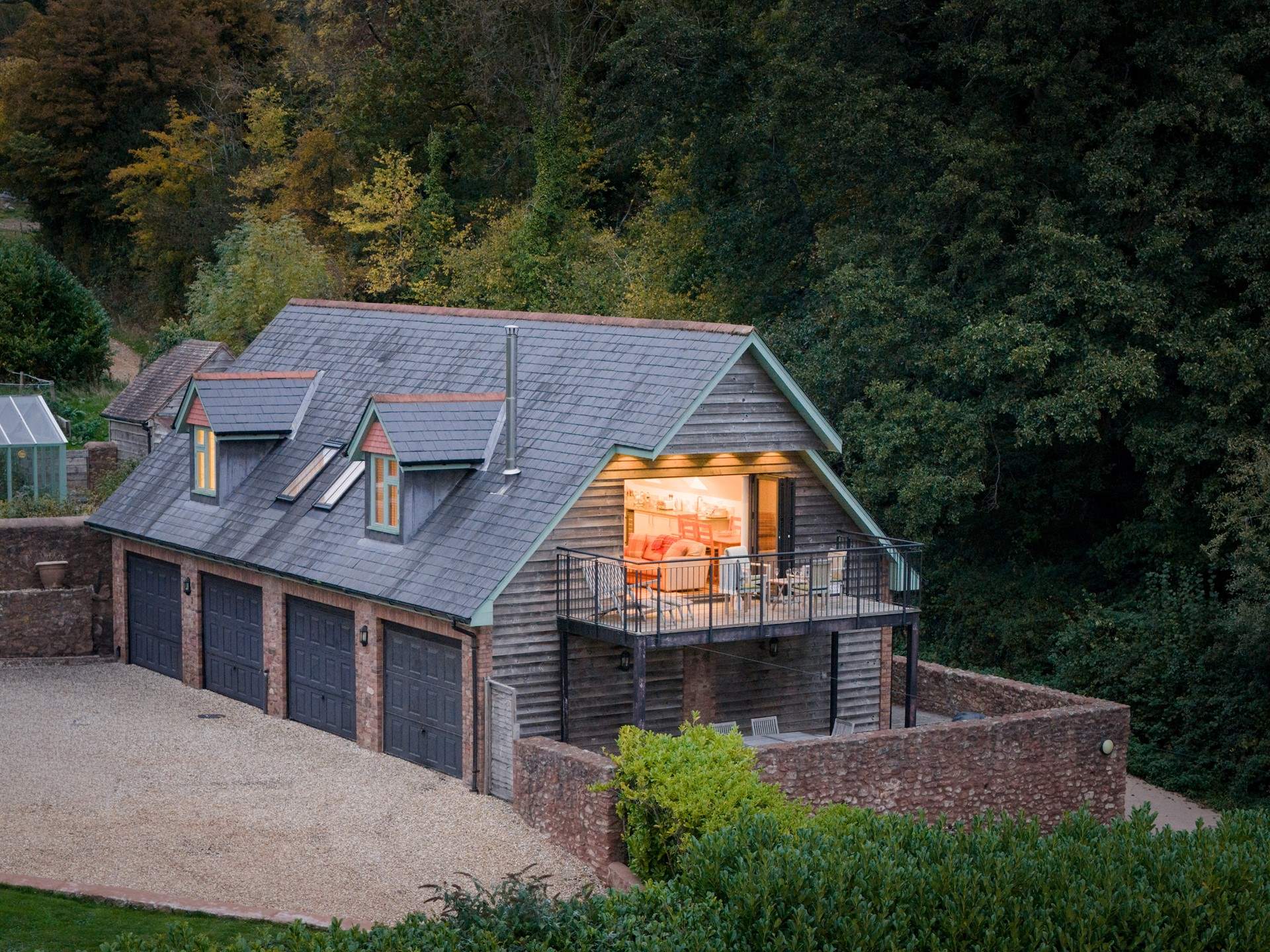 The lodge is extremely spacious and stunning as evening closes in.