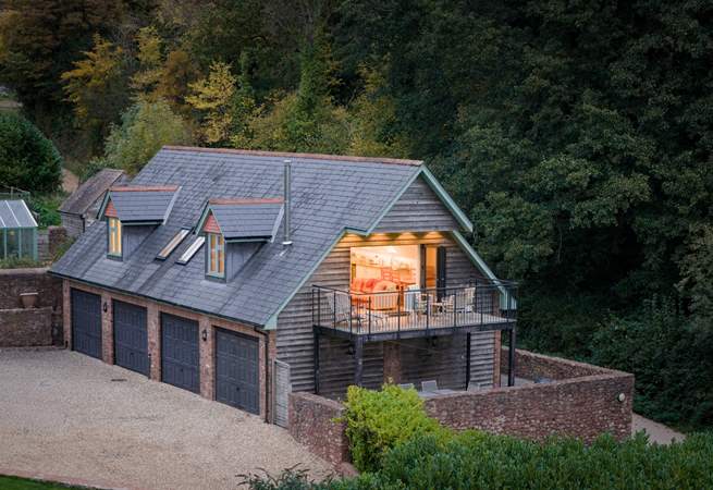 The lodge is extremely spacious and stunning as evening closes in.