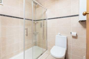 The bathroom has a walk-in shower.