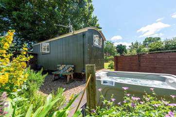 Lamb's Tale is a delightful shepherd's hut, set in its own enclosed paddock with a hot tub.