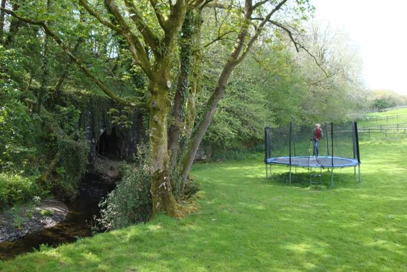 Trampoline sits along the side of the stream, endless fun for all the family. However, please take care.