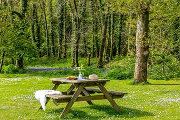 The river burbles away just on the edge of the meadow which borders the properties. The perfect spot to relax in the sun with a drink.