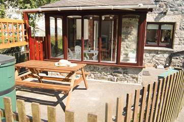 The enclosed courtyard is a sunny spot.